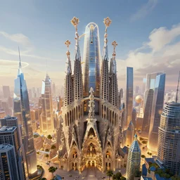 A mystical towering city, filled with gleaming skyscrapers made completely out of fractals in reimagined by industrial light and magic by Antoni Gaudí and Thomas Kinkade, 8k, artstation HD,