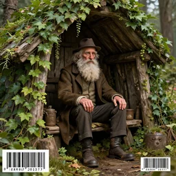 razorpunk Rip Van Winkle disguised as the immortal bum seated in an ivy-covered hovel jonas de ro norman rockwell jim mahfood luis royo nicola samori unreal engine render bar code