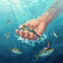 Planet Overgrown, giant hand coming out of the ocean, fishes floating over the sea, Greg Rutkowski, Darek Zabrocki, Karlkka, Jayison Devadas, Phuoc Quan, trending on Artstation, 8K, ultra wide angle, pincushion lens effect
