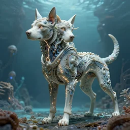 closeup symmetry! biblical diabolical bautiful cyborg dog with glowing veins, dynamic pose!! intricate detailed porcelain armor, ocean on alien planet titan, underwater photography, by gerald brom, by mikhail vrubel, by peter elson, muted colors, extreme detail, trending on artstation, 8 k
