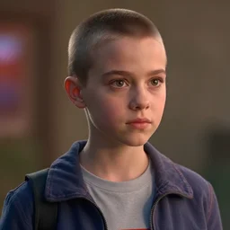 Mila Kunis with a buzzcut cast as Eleven, still from Stranger Things movie, hyperrealistic, 8k, Octane Render,