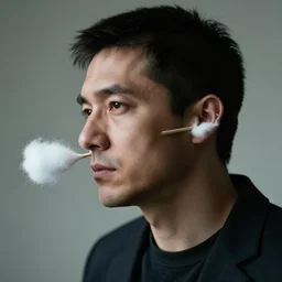 a man with a giant cotton swab stuck in his ear, dramatic photo