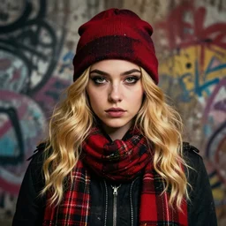 highly detailed portrait of a sewer punk lady student, beanie, tartan scarf, wavy blonde hair by atey ghailan, by greg rutkowski, by greg tocchini, by james gilleard, by joe fenton, by kaethe butcher, gradient red, black, brown and gold color scheme, grunge aesthetic!!! graffiti tag wall background
