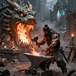 a muscular dwarf blacksmith in blacksmith clothes swinging hammer down forging a sword on an anvil | a dwarven forge carved to look like a dragon head with fireforge as the mouth, by archvillain, titanforge, blizzard, hearthstone, greg rutkowski, jeff easley, mtg, wotc