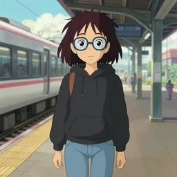 attractive cartoon woman, dark hair, glasses, wearing jeans and a black hoodie, emo, at a train station in the style of a ghibli movie