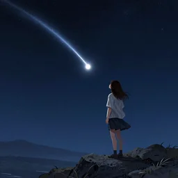 a girl watching a meteorite fall from space, digital art