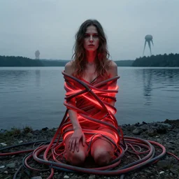 portrait, shore of the lake, woman wrapped around by tubes and cables, glowing red, by edgar maxence and ross tran, zdzisław beksinski, and michael whelan, distant, gustav dore, h. r. giger, 8 k, octane render