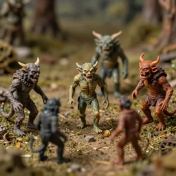 miniature figurines of disturbing heironymus bosch monsters, close up, detail, tilt shift, product photography