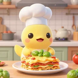 pixar style cute platypus on a kitchen wearing a chef hat and holding a lasagna into an over, with three basil leaves over the lasagna, pixar style, 3 d, ratatouille style