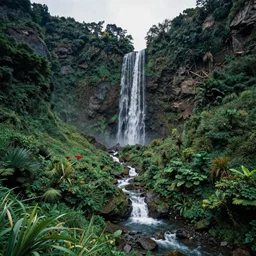 dreamy view of a gorgeous waterfall in a secluded island, highly detailed vibrant valley, landscape photography, photorealism, smooth 4k