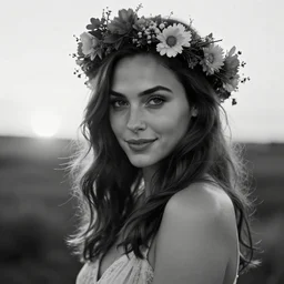 photo of the beauty gal gadot, she is posing while maintain a sweet eye contact to the camera, she has a crown of flowers, the photo was taken at sunset with a bokeh effect, b & w photo taken by edward steichen, photorealistic, matte painting, hyper realistic, 4 k, 8 k, cinematic composition, hd, highly detailed, trending on artstation