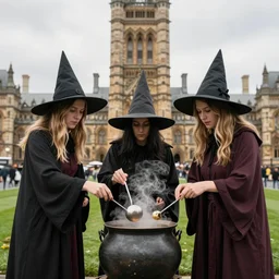 three witches stirring a pot outside Parliament Buildings, Wellington, New Zealand