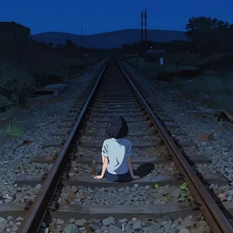 girl with short black hair, she sits on an abandoned railway track, at midnight, clear sky, view from above, digital concept art illustration by akihiko yoshida and jean - baptiste monge and makoto shinkai and wlop, 4 k artstation