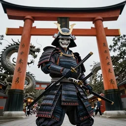 a godlike and indomitable helmeted and masked samurai posing with their realistic detailed katana and wakizashi under an enormous Torii gate. Giant dragon coming up in background. Badass pose. Photo realistic. Gregory Crewdson. Award winning. Masterpiece, exquisite detail, post processing