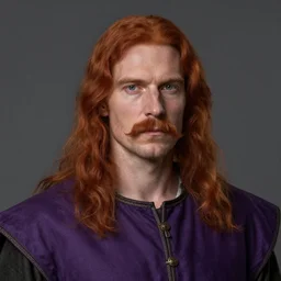 half - length portrait of a 6 0 - year - old human male noble with long red hair wearing purple fine silks, mustache and soul patch, no beard, medieval setting, detailed face, highly detailed, artstation, concept art, sharp focus, by greg rutkowski, craig mullins, artgerm
