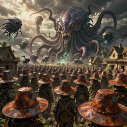 crowd of deep one in insmouth town, rusty wooden hats, fantasy art, scarabeys, evil fluid, tentacles, creepy, by greg rutkowski