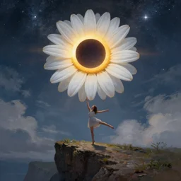 giant white daisy flower on head, girl dancing on cliff, surreal photography, solar eclipse, milky way, dramatic light, impressionist painting, clouds, digital painting, artstation, james gilleard and liam wong and jeremy mann