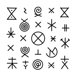 vector art of multiple scattered ancient symbols on perfect clean black background, dacian symbols, thracic symbols, featured on behance, clean design, line weight, geometric design, spiral design, vector art, amazing symbols, adobe illustrator,