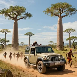 mahindra thar driving through madagascar with baobabs trees, tribe members chasing for an attach, action scene, an epic fantasy, artgerm and greg rutkowski and alphonse mucha, an epic fantasy, volumetric light, detailed, establishing shot, an epic fantasy, trending on art station, octane render, midsommar