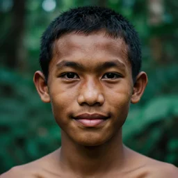 a ultra high resolution close - up of warrior from tai tribe in lush green forest. 1 8 years old. photo from the front. cute and beautiful and handsome man is smiling and has eye contact with the camera. face is clear and symetrical. the light is dim, and the colours are muted. kodak etkar 1 0 0.