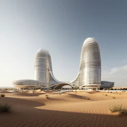 architectural rendering, full size view of biophilia building in the desert, biomimetry
