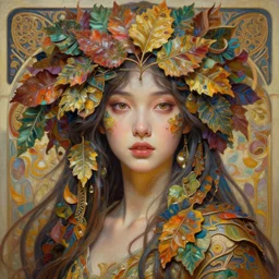 a beautiful girl in intricate detailed color oilpaint, 3 d render, hyper realistic detailed portrait, big flocking color leaves, ornate leaves, elegant, intense colors, ruan jia, wlop. scifi, fantasy, hyper detailed, octane render, concept art, by peter mohrbacher, by alphonse mucha, by wlop, by ruan jia