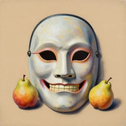 doctor doom's mask, with fruit. still life sand painting