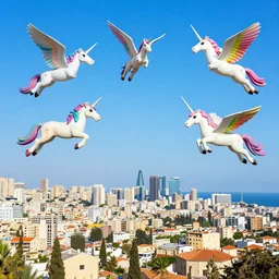 a colorful vivid view of haifa with detailed flying unicorns in the sky