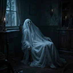 a innatural and tragic dead ghost in a room of a haunted house. realistic, cinematic lightning, octane tender, dark - art