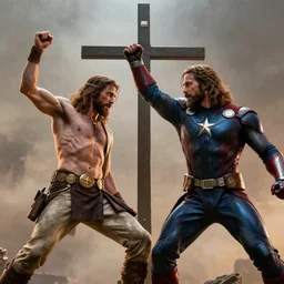 jesus christ fighting alongside the avengers, using his cross as weapon, photorealistic, cinematic lighting, extremely detailed, marvel cinematic universe