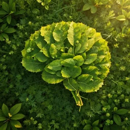 a brain made of leaves, growing in foliage, realism, ultra detailed, golden hour lighting. photorealistic