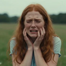 photograph of a twenty year old woman in agony by wes anderson, red hair, freckles