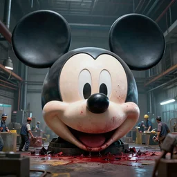 a giant mickey mouse head, factory floor, surrounded by factory workers, octane render, cgstation, 3 d render, very detailed, mindblowing, blood and guts, gritty, cyberpunk, cinematic, hyper realism