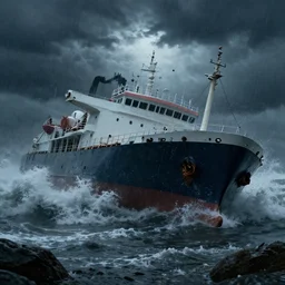a ship sinking in a raging storm, dark mood, amazing lighting, highly detailed