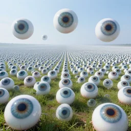 vibrant hyperrealism photo - realistic lifelike photography of a landscape of eyes, the entire environment is eyeballs, everywhere, illusionary art, visionary art, atmospheric, wide angle, macro photography, full shot, professional landscape photography, beautiful scenery landscape ethereality