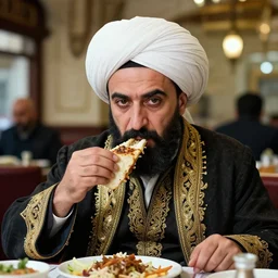 ottoman sultan mehmet iv eating shawarma in a restaurant, wearing big ovular turban and a luxurious ottoman coat, mid - shot, cold lighting, photography from vogue magazine, neat, precise, realistic, detailed facial features, expressive, photorealistic, hyperrealism, micro details, hdr shot, in the style of martin schoeller