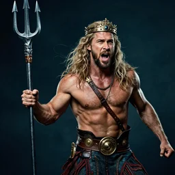 screaming Ryan Gosling as Poseidon with trident and crown, the god of the sea, ready to fight, matte painting, dark colors