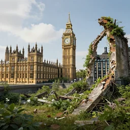 overgrown london in ruins big ben in background, highly detailed, 4k, HDR, award-winning, octane render, artstation