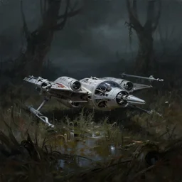 concept art, mood painting, environment painting, crashed x - wing swampy bog dim low exposure style of ryan church, jon mccoy, george hull, painting star wars