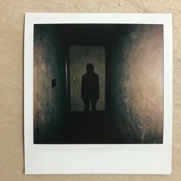 Old polaroid of a dark spindly figure standing at the end of a dim hallway, liminal, creepypasta