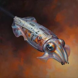 painting of a cuttlefish shaped spaceship traveling in space, zdzislaw beksinski, lewis jones, dariusz zawadzki, wayne barlow, warhammer 4 0 k, cold hue's, warm tone gradient background, concept art, digital painting