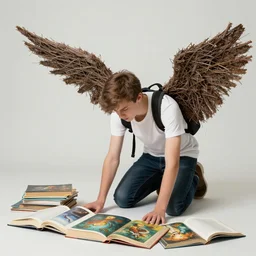 a student of aeronautics is wearing on his back fake wings made from twigs. he is kneeling down on the floor, looking desperately at a pile of open books, fantasy painting