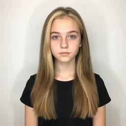 brunette with dyed blonde hair, 18 years old, 155 cm tall, flat ironed hair, green big eyes, small nose, small mouth, round shaped face, big forehead, lop eared, full body shot, thin eyebrows, real life photograph