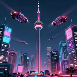 Neon cyberpunk cityscape of Toronto Canada including CN tower with flying cars and advertisement screens, Blender 3D, Unreal Engine, 8k, by Jordan Grimmer and Andrea Pozzo