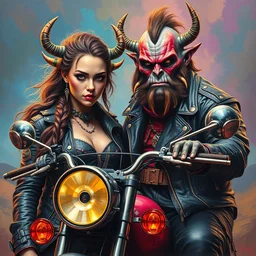 portrait of an apocalyptic scifi orcish biker dude character and his babe girlfriend posing with a motorcycle, psychedelic vibrant colors, highly detailed oil painting by michael whelan art, futuristic punk rock fashion, perfect face, sharp focus, detailed eyes, realistic, leather jacket, 8 k