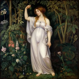 a pre - raphaelite painting of persephone in a garden