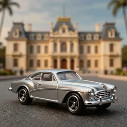 3 5 mm photo of metallic car like victorian age, hot wheels model with an european palace as background, epic cinematic, epic lighting