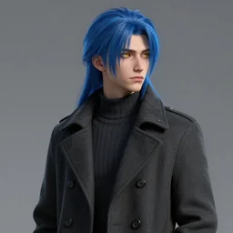 a male teenager with long blue hair and yellow eyes wearing a winter overcoat, hyperrealistic, concept art, octane render, unreal engine 5, trending on artstation, high quality, 8 k, highly detailed, digital art, anatomically correct, symmetrical, realistic and defined face, profile picture, high coherence, path traced, beautiful, elegant clothes