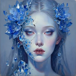 beautiful medieval woman's fractured face blended with blue crystallic flowers jacky tsai style, pale skin, make up, acrylic on canvas
