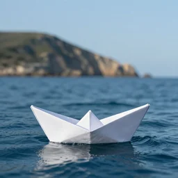 A paper boat in the Pacific Ocean, slightly showing the continent behind it, realistic